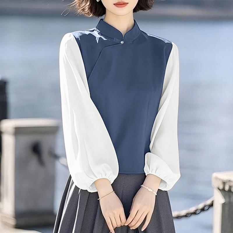 ZANZEA Women Casual Stand Collar Splice Long Sleeve Loose Blouse M