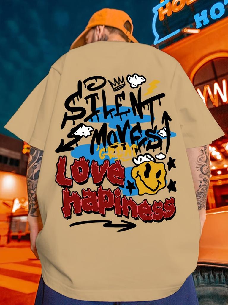new Unisexs summer smiley face letter graffiti print micro elastic breathable round neck Tshirt outdoor urban casual top