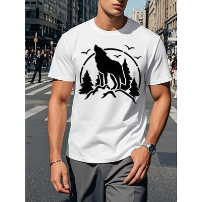 Men'S Howling Wolf Graphic Tee, Casual Crew Neck Short Sleeve T-Shirt, Slight Stretch, Summer Top, Geometric Pattern, Regular Fit