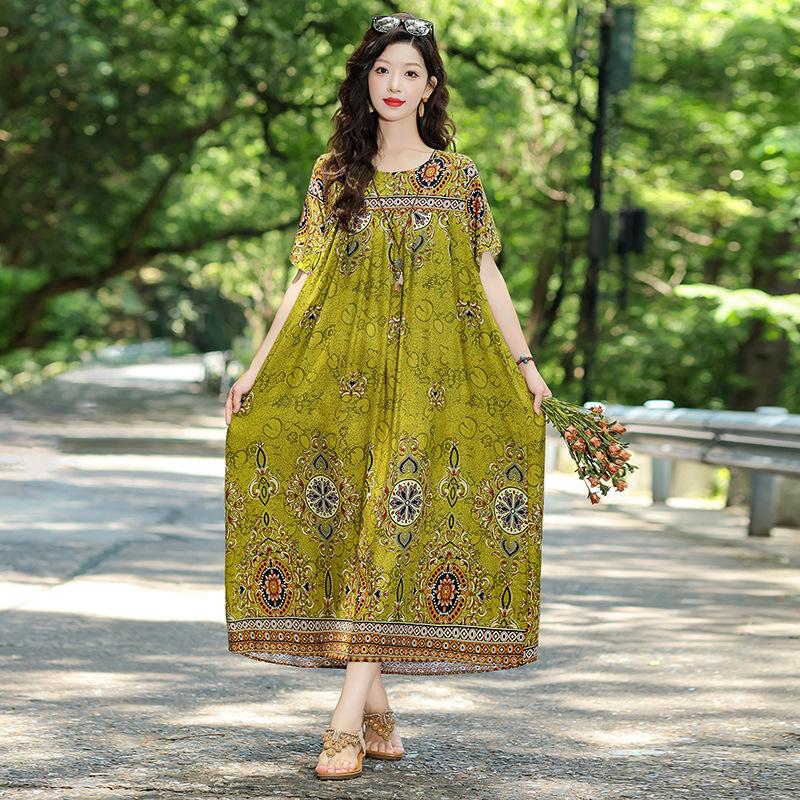 New Bohemian ethnic style short-sleeved summer cotton and silk dress loose fashion large size artificial cotton long skirt