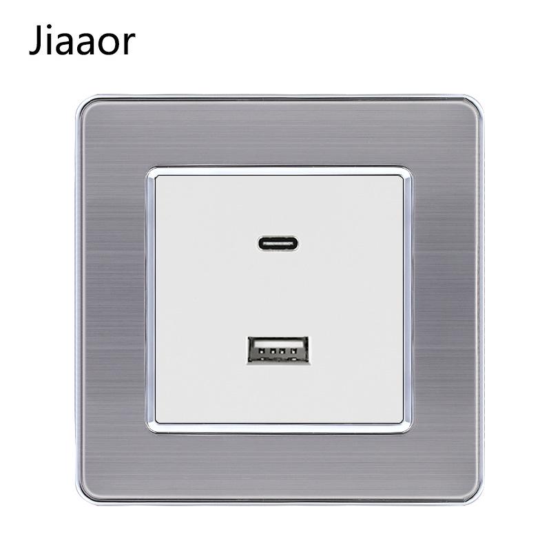 Padrão Europeu Tipo 86 Painel de Interruptor e Tomada de Parede Duplo em Aço Inoxidável com USB-C, Estilo Alemão, Montagem de Parede Embutida.