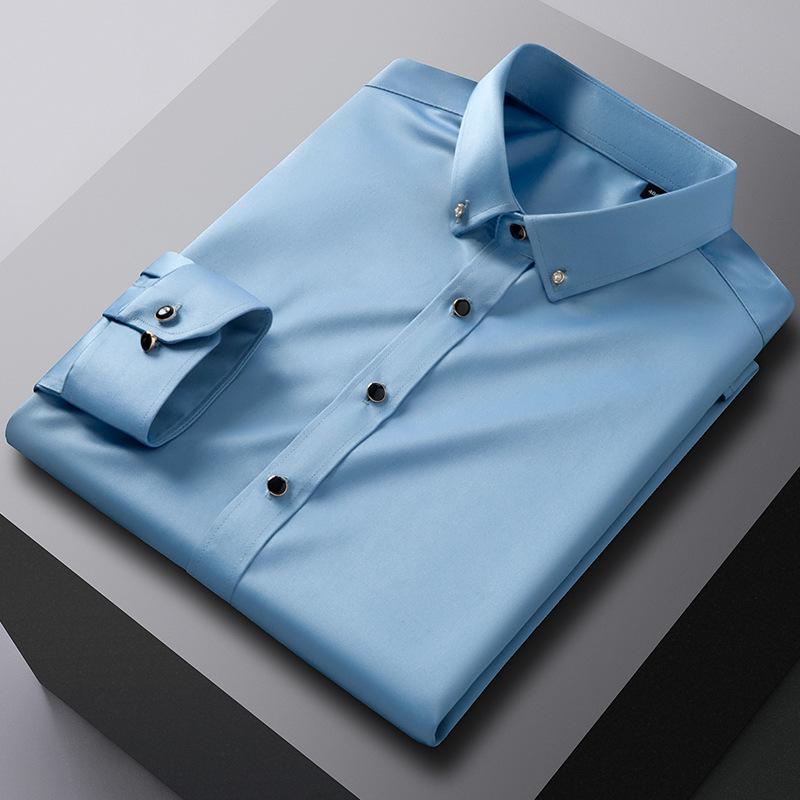 Trendy Iron-Free Slim Fit Mulberry Silk Shirt with Rhinestone Buttons and Turn-Down Collar