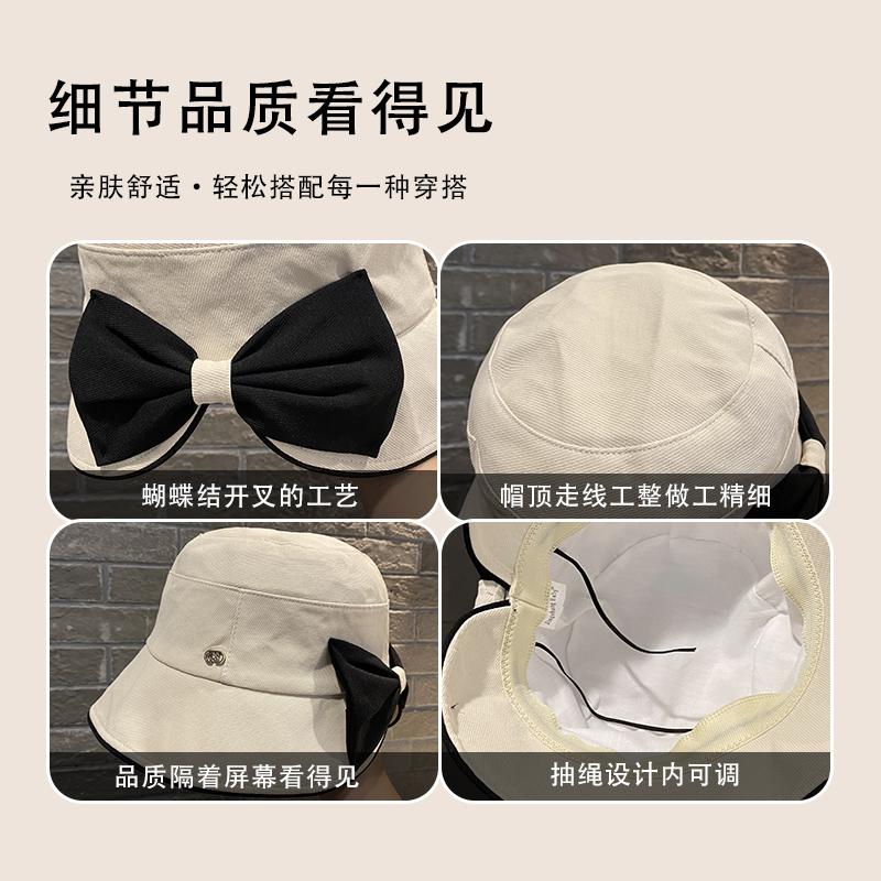 Contrasting color bow bucket hat women's spring and autumn new fashion washbasin hat wide brim versatile face hat
