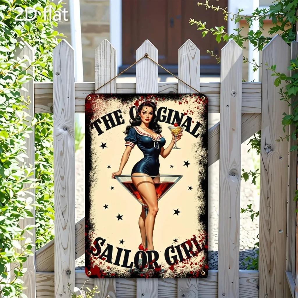 Vintage Sailor Girl Tin Sign Wall Art with Martini Retro Nautical Decor