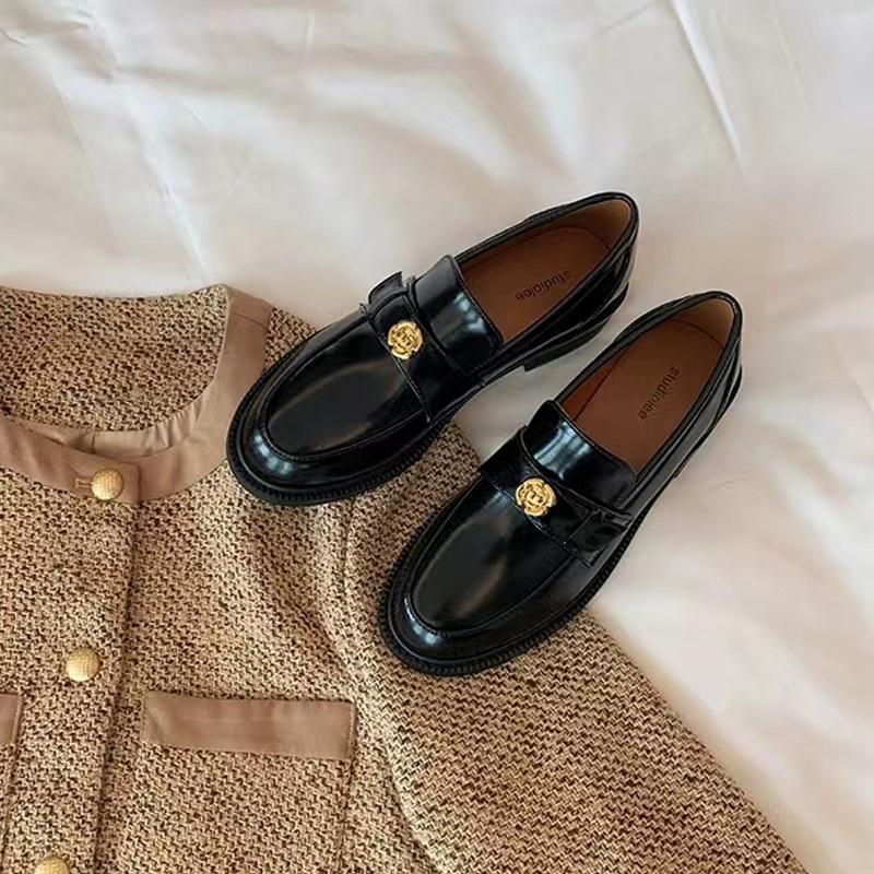 2025 Spring New Leather Loafers Women's Small Gold Coins Thick-soled Stepping Heel Lazy Thick Heel Small Leather Shoes Women