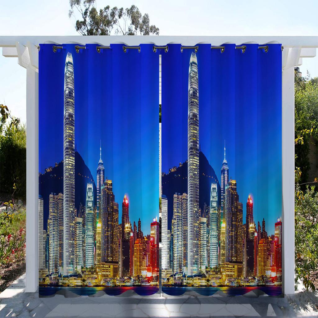1pc Outdoor Waterproof Oil-proof Curtains,Modern Sunshade City Light Night View River Building Print Curtain For Living Room