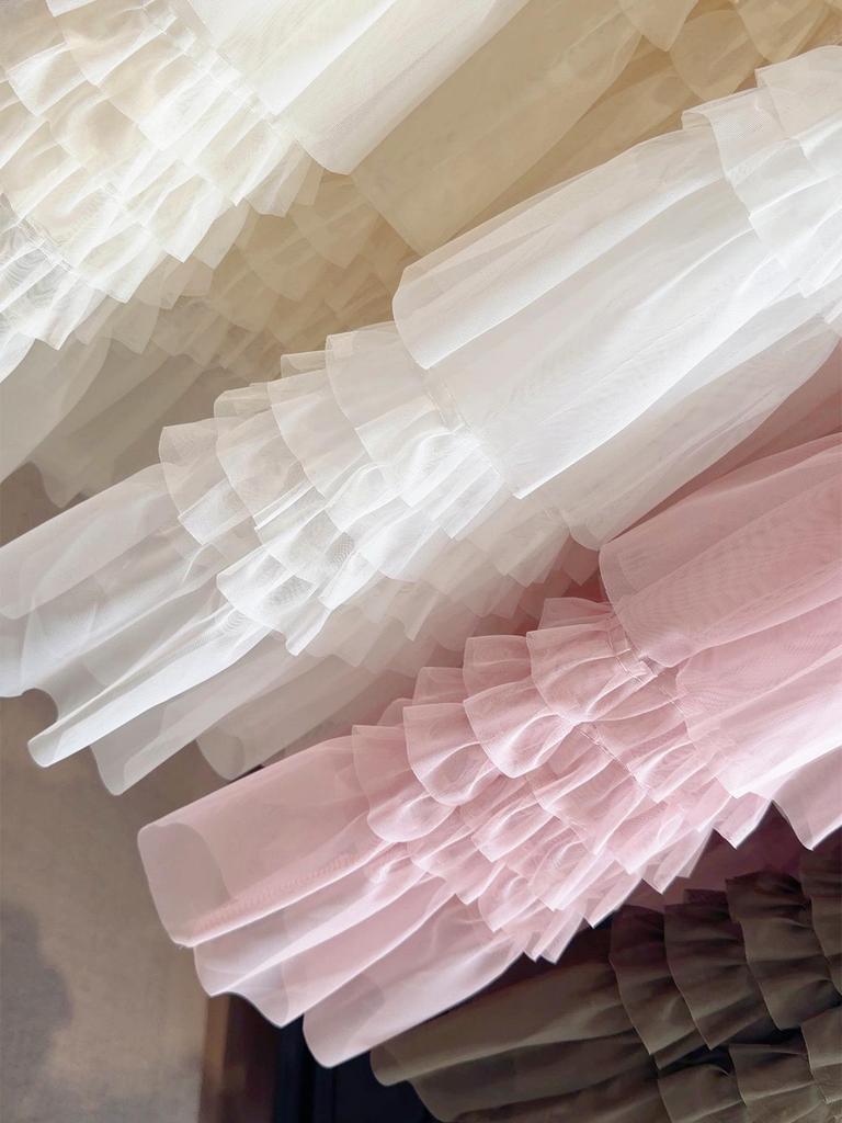Korean Style Layered Lace Midi Skirt with Elastic Waist - Spring Fluffy Gauze Skirt for Women