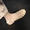Fashion NEW Summer Women Sandals Patent Leather Shoes for Women Round Toe Low Heel Shoes Narrow Band Bcukle Strap Shoes Weave Sandals