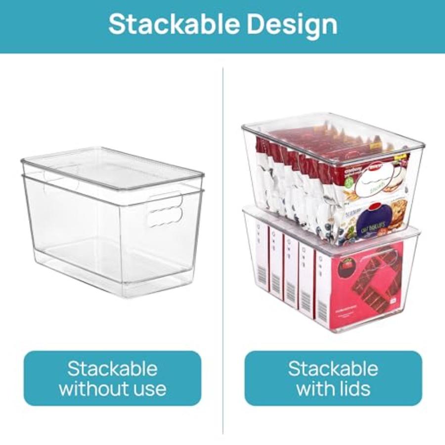 6 Pack Clear Stackable Storage Bins with Lids Large Plastic Containers with Handle for Pantry Organizer and Storage Perfect for
