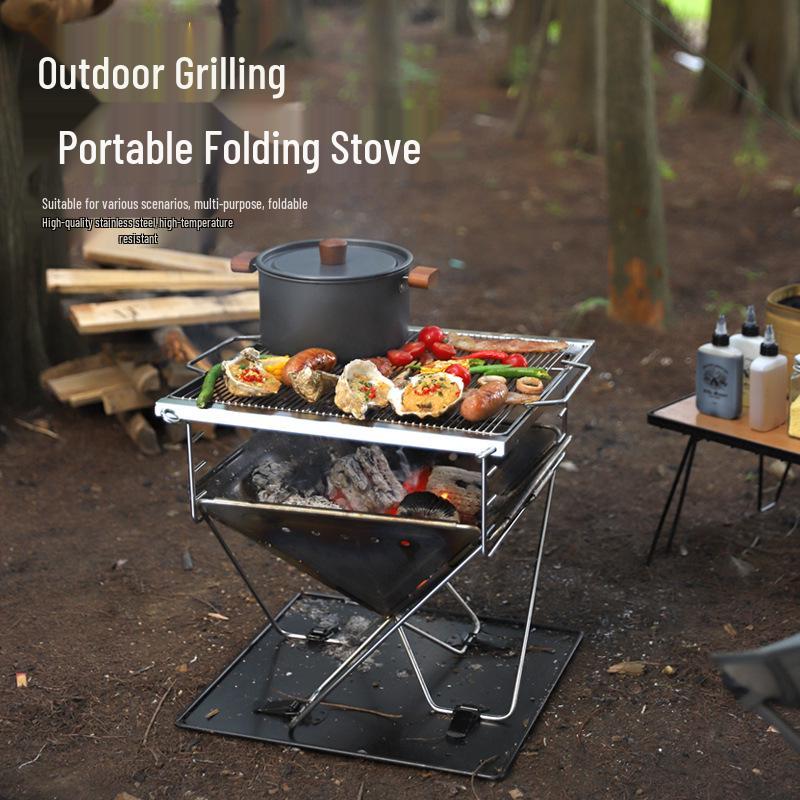 Large Outdoor Stainless Steel Folding Barbecue Grill and Fire Pit for Camping and Picnics
