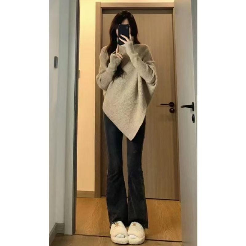 

Осень и зима новый свитер с нерегулярным воротником-стойкой женский нежный ленивый стиль повседневный пуловер вязаный топ one size fits all