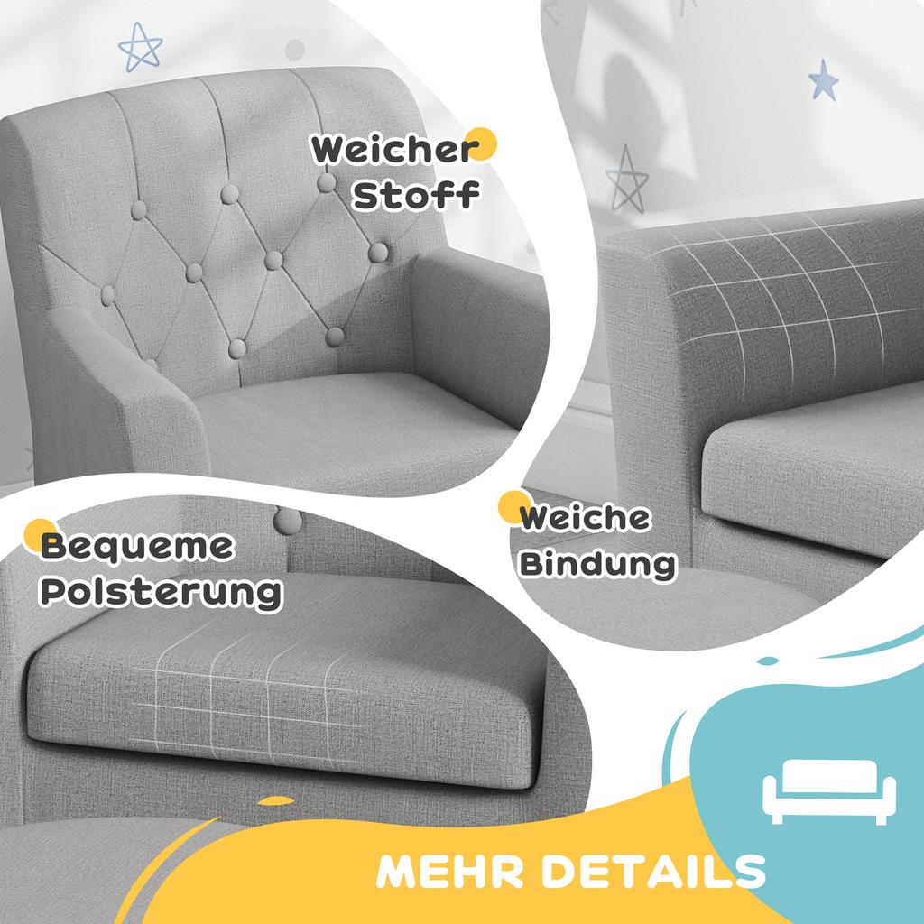 Kids' Armchair with Stool, Diamond Pattern Backrest, Soft Seat, Wood Frame, Grey