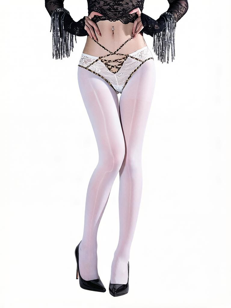 Women'S Lace Cross Waist Pantyhose Oil Shiny Glossy Sheer See Through Stocking Woman Underwear 2 In 1 Tights Shaping Pantyhose