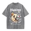 2026 Vintage Washed Beige Mechanical Bear Happiness Letter Graphic T Shirt Street Graffiti Print Oversized Casual Short Sleeve T
