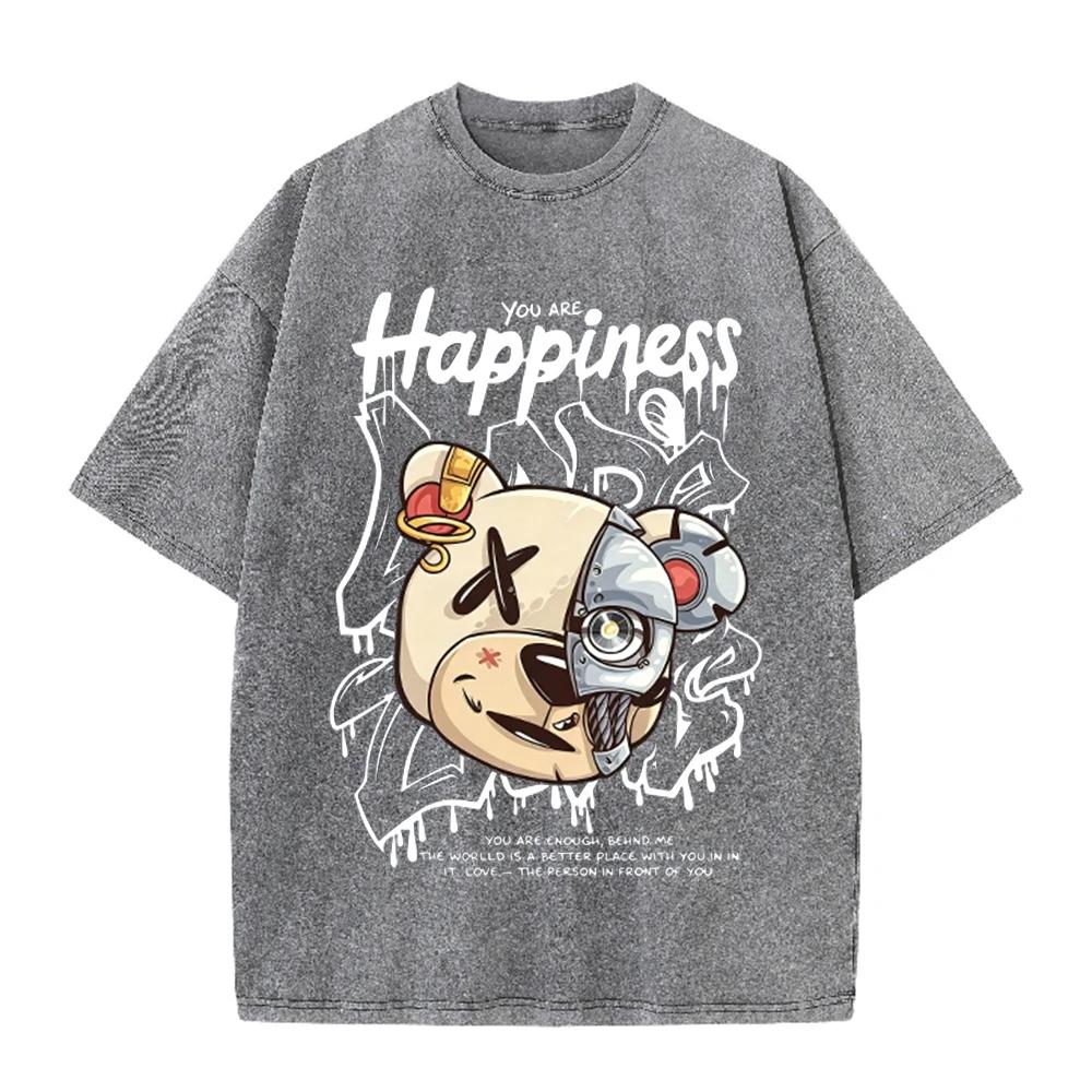 2026 Vintage Washed Beige Mechanical Bear Happiness Letter Graphic T Shirt Street Graffiti Print Oversized Casual Short Sleeve T