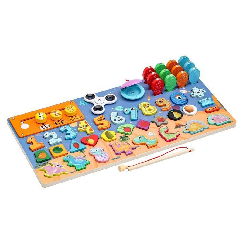 Wooden cartoon dinosaur fishing logarithmic board shape matching digital puzzle building block cognitive baby enlightenment toy