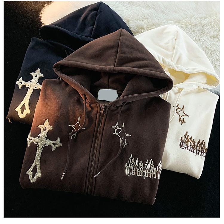 American Retro Oversize Hoodie Sweatshirt Women's Casual Outerwear Autumn Winter Coat Fun Print Couple's Loose Fit Cardigan