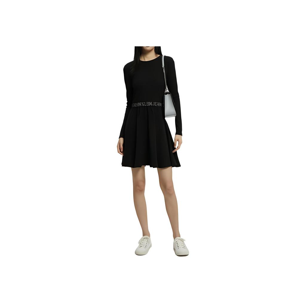 Calvin Klein Fashion Jacquard Waistband Long Sleeve Dress Women Dresses Black ZW01912-BEH