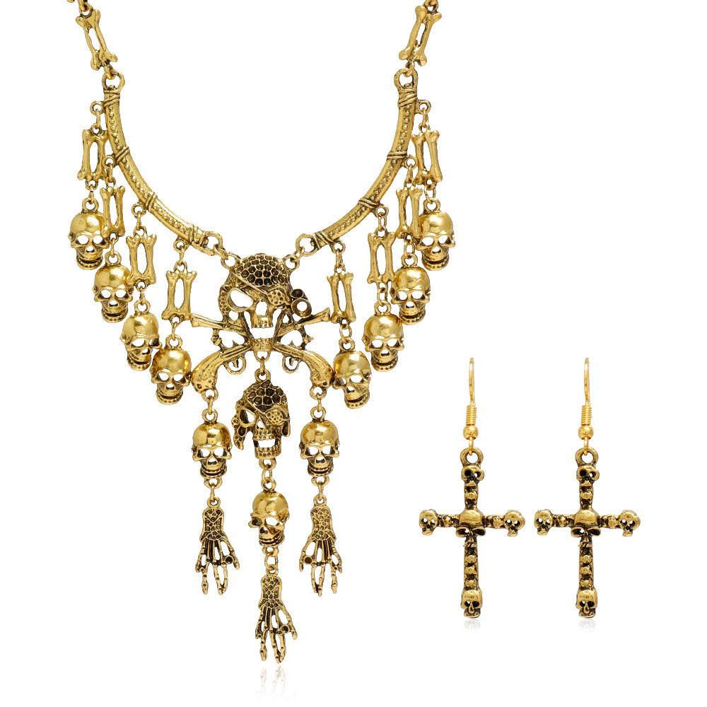 Skull Geometric Vintage Pendant Necklace With Tassel Chain For Gothic Punk Fans