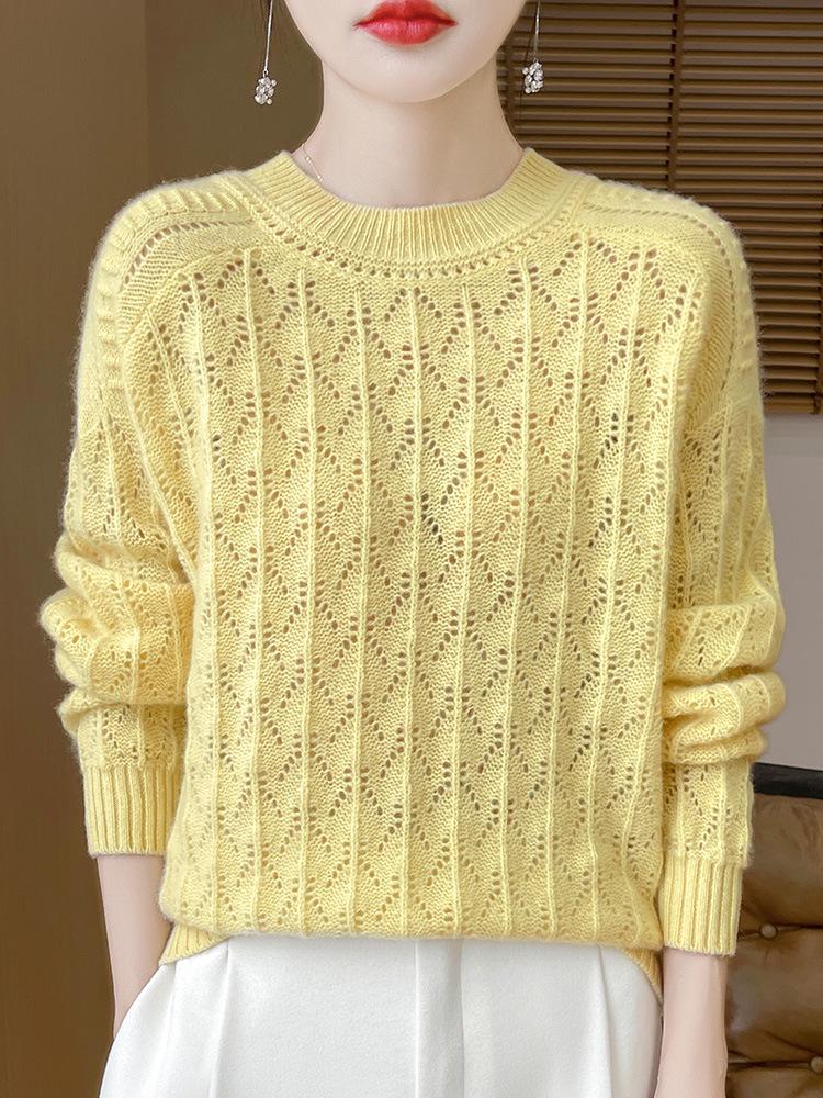 Women's Loose Wool Sweater - Half-High Neck, Diamond Cutout, Crocheted, 100% Pure Wool, Long Sleeve Knit