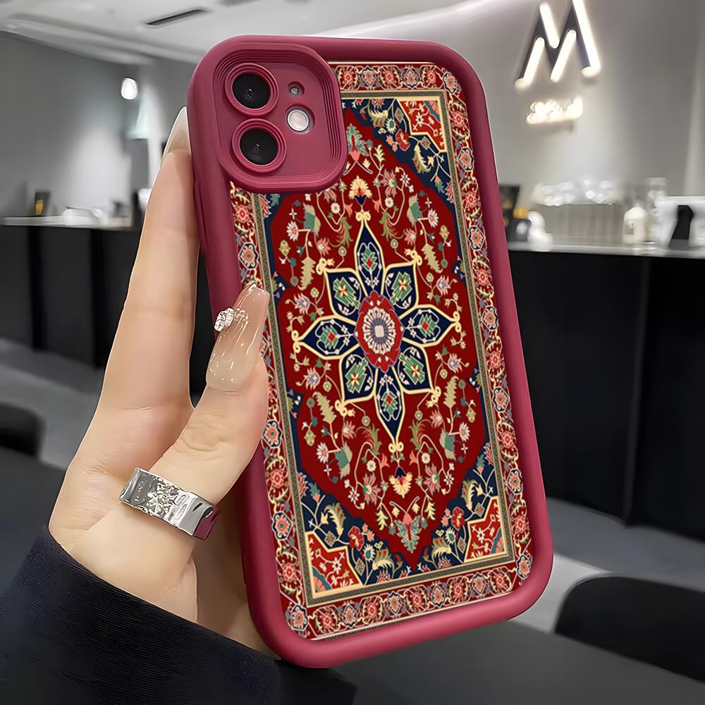 Arabic Carpet Pattern Phone Case For IPhone Air 17 Pro Max 16 E 15 14 Pro Max 13 12 11 Mini Plus Soft Silicone Wine Red Cover
