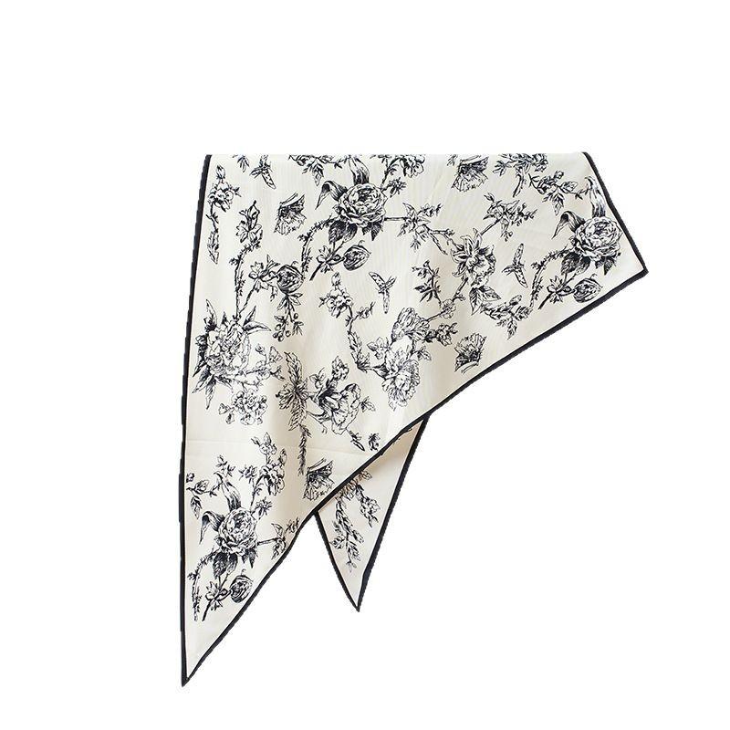 Vintage Chinese Style Floral Printed Black White Soft Imitated Silk Triangle Neck Scarf