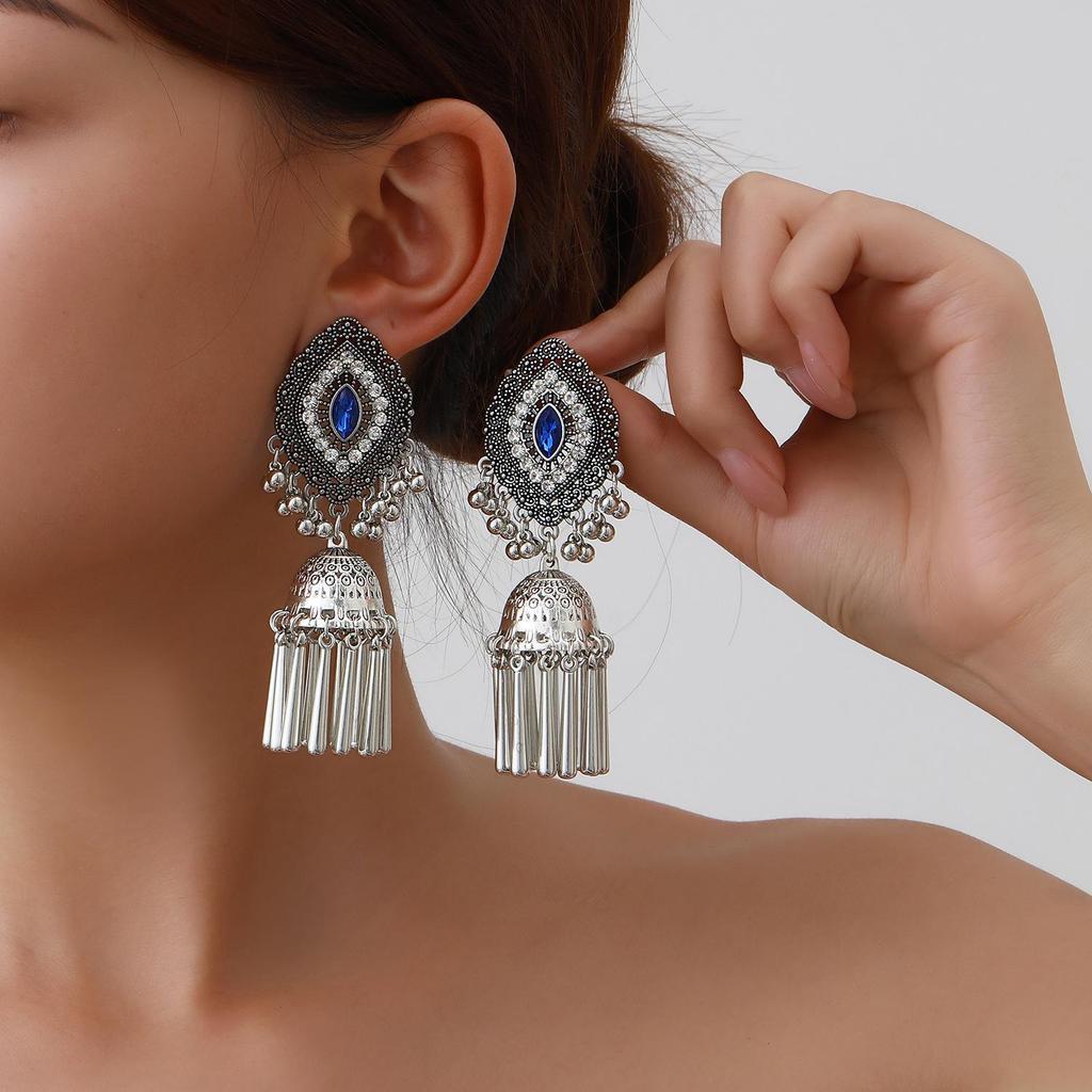 Cross-Border Retro Miao Silver Earrings with Peacock Bell Tassels and Hollowed Leaves