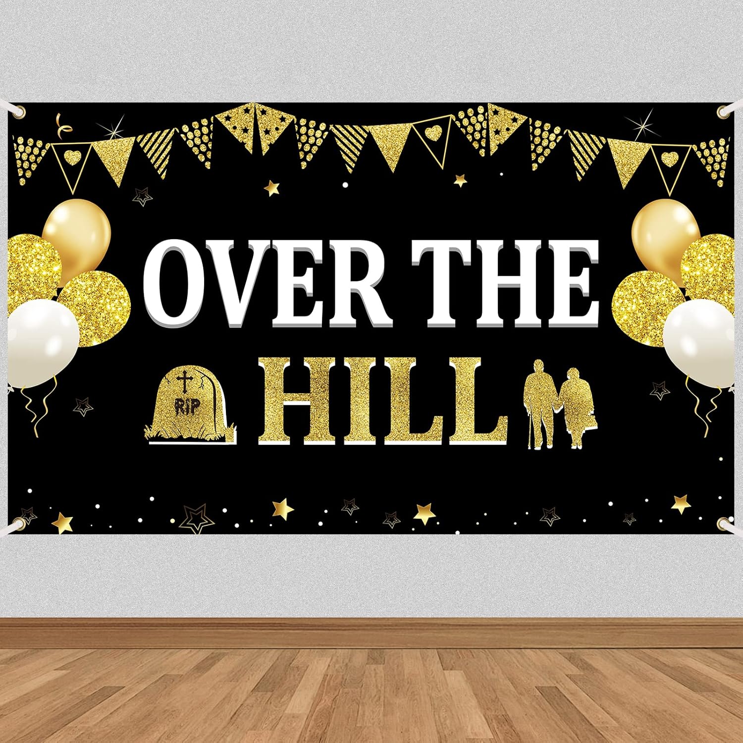 Funny Birthday Decorations Over The Hill Banner for Men Women, Black Gold Old Age Happy Retirement Backdrop Party Supplies, 40th 50th 60th 70th 80th