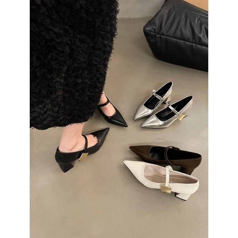French pointed silver Mary Jane small leather shoes women's shoes 2025 spring with skirt medium and high heel design single shoes