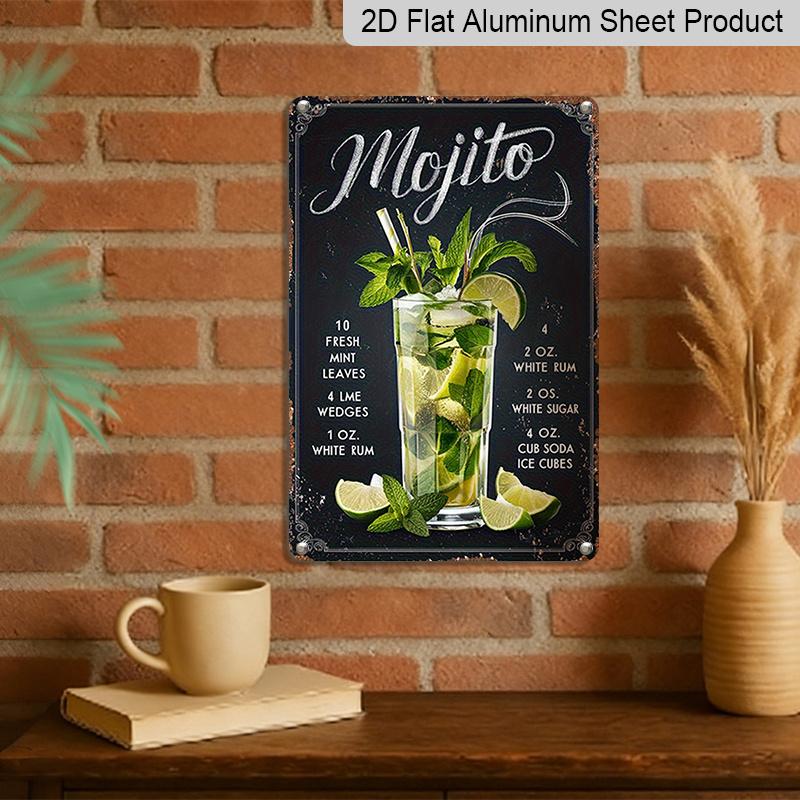 2D Flaches Retro Mojito Aluminium Wandkunst Schild - 8x12 Zoll Vintage Bar Dekoration mit Frischer Minze, Weißem Rum & Limettensaft - Perfekt für Zuhause, Büro oder