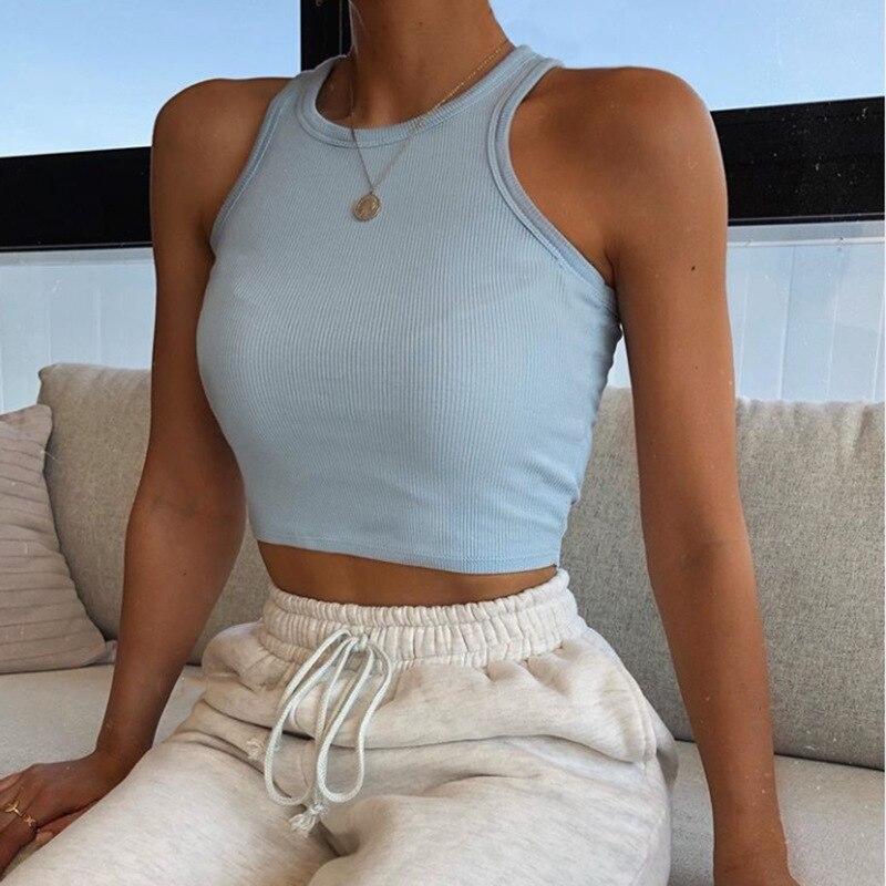 Maglietta basic sexy da donna senza maniche in maglia estiva Maglietta bianca con spalle scoperte a costine Canotta nera Streetware Camis Femme Skinny