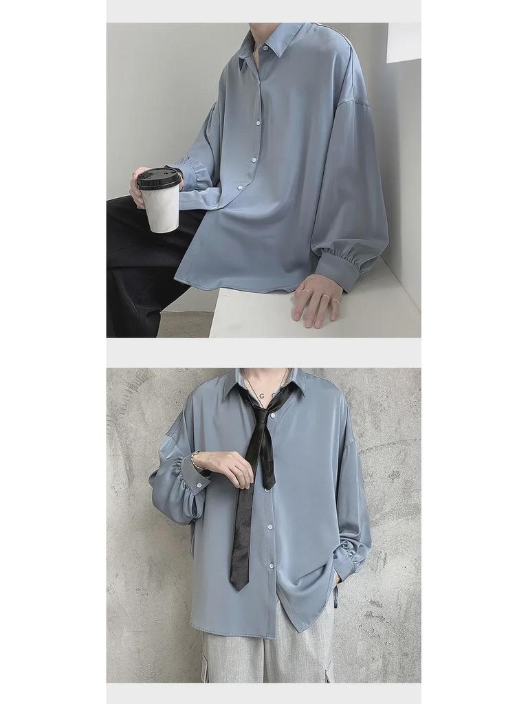 Men's Loose Fit Korean Style Pleated Cuff Shirt with Long Sleeves - Spring/Autumn Fashion.