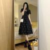 New sweet square neck black floral dress for women's summer high-end waist and thin dress