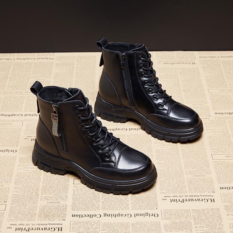 Women's British-Style Genuine Leather Martin Boots, Autumn/Winter 2025: Short, Round Toe, Chunky Heel, Lace-up with Side Zipper.