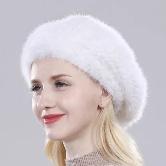 Heißer Verkauf Winter Damen Natürliches Nerzfell Mützen Hut Gestrickt Warm Gestreift Echtes Nerzfell Mützen Damen Gute Elastizität Echter Nerzfell Hut