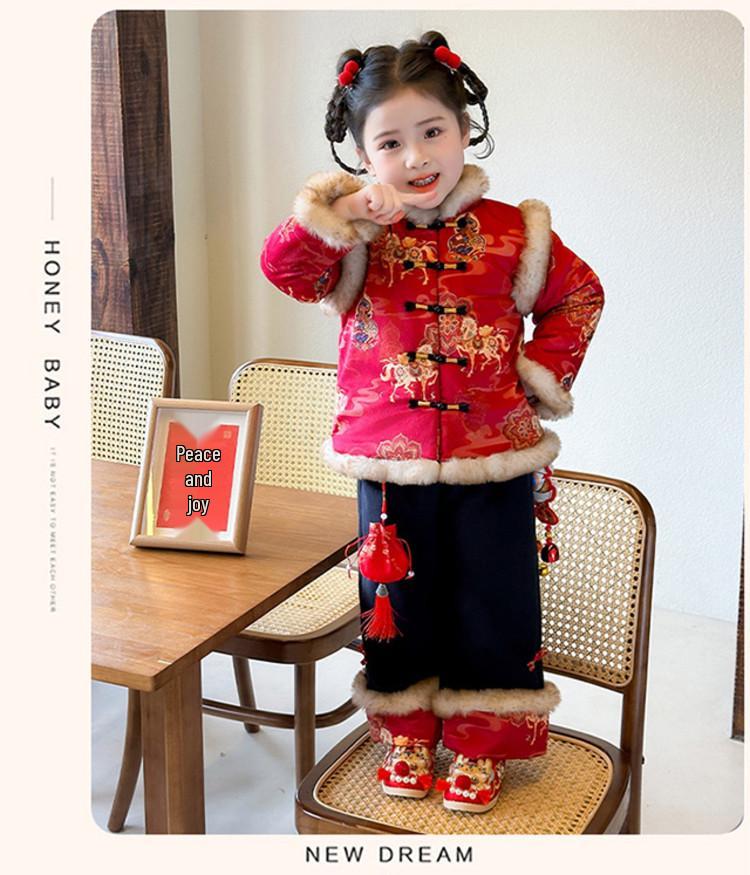 Plus Velvet Girls' New Year Tang Suit - Winter 2025 Two-Piece Set, Children's Chinese Style Outfit