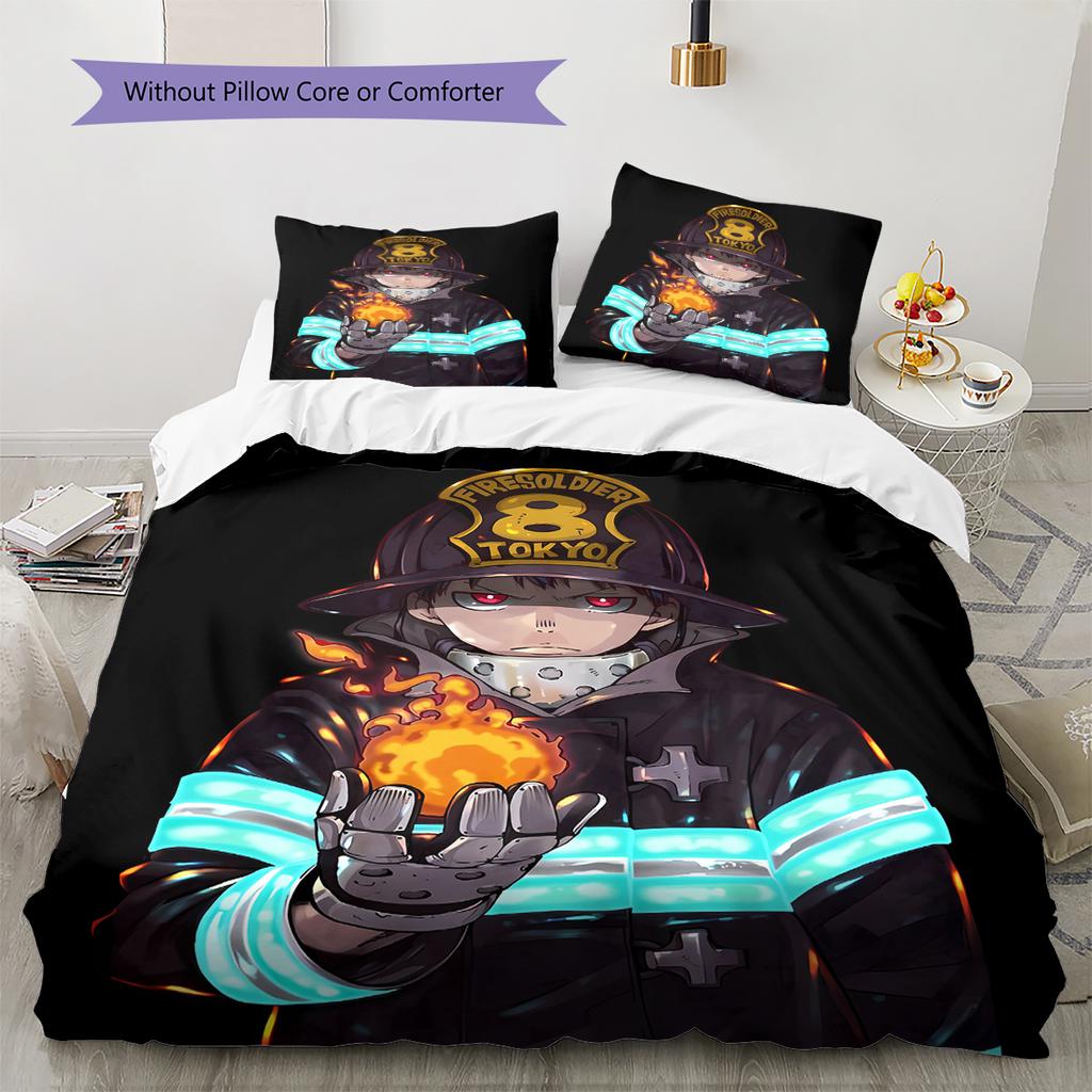 Fire Force Pattern Bedding,Quilt Set Quilt Cover Pillowcase Home Birthday Gift (1 * duvet cover + 2 * pillowcase, without core)