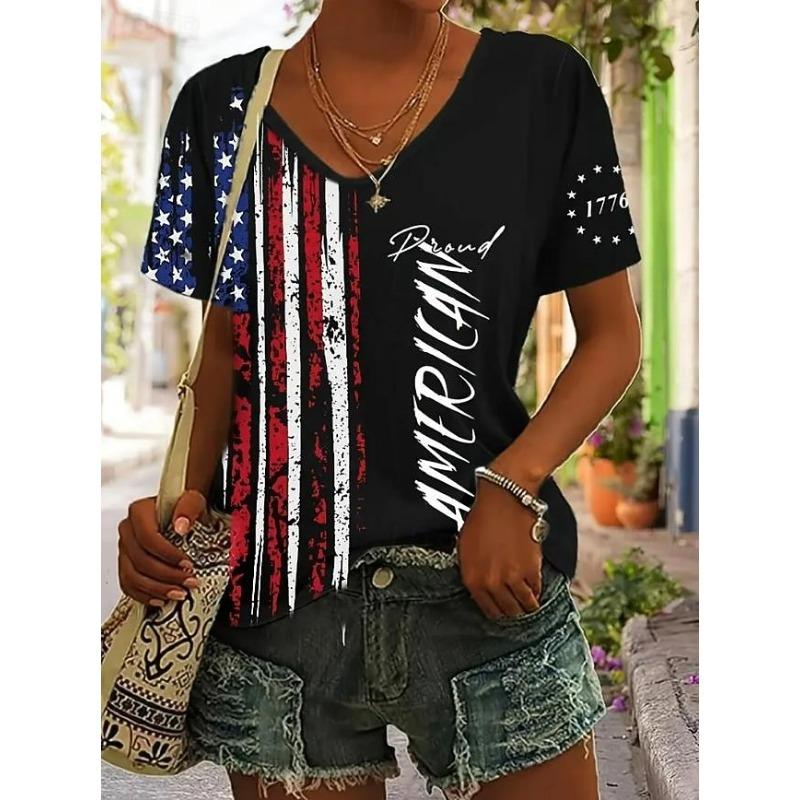 Independence Day Patriotic Women's T Shirt Flag Flag National Flag Casual Red White And Blue Short Sleeve