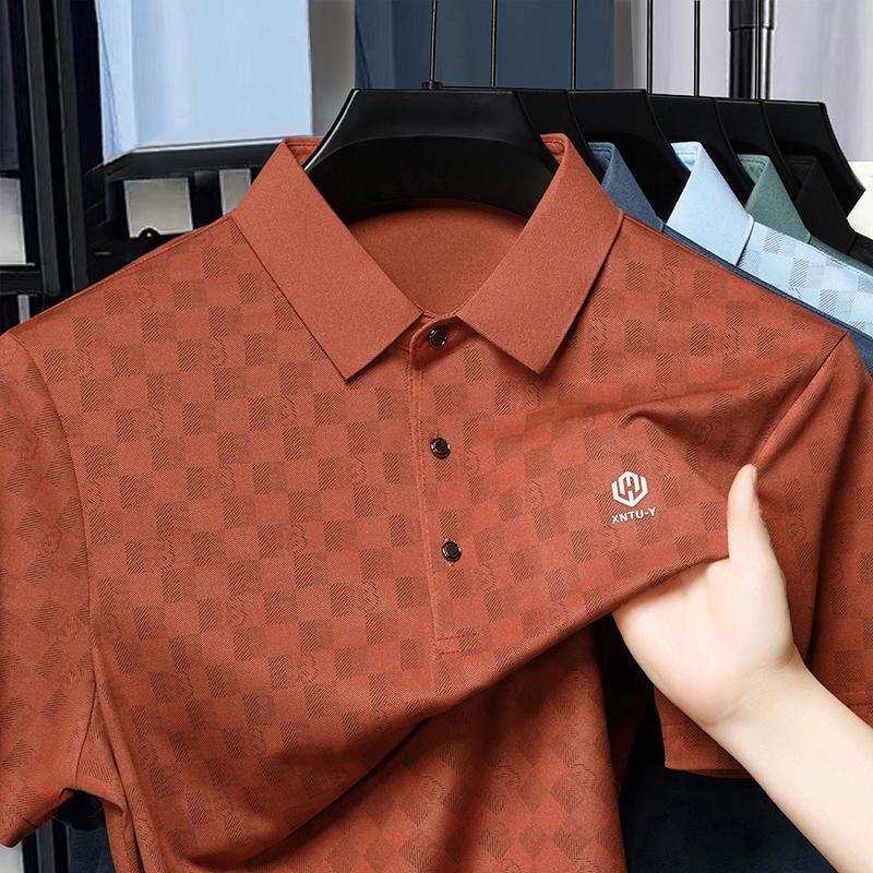 Summer Men's Plaid Printed Polo Shirt High-End Brand Business Leisure Seamless Short Sleeved Cool Lapel T-shirt Men's Clothing