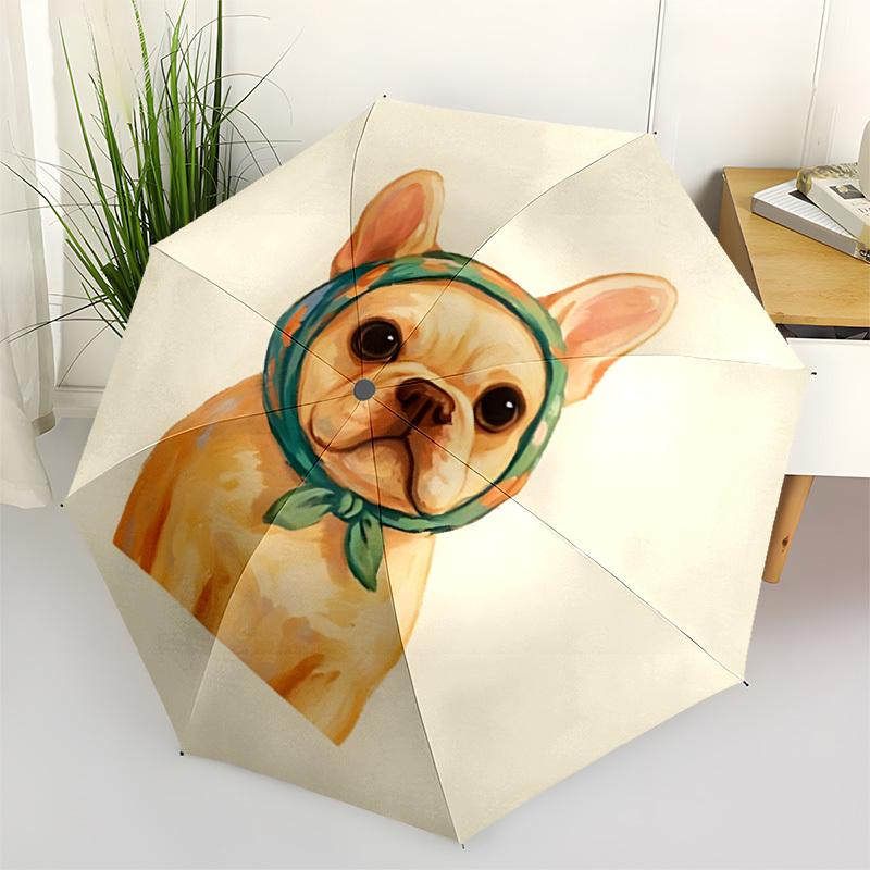 1pc French Bulldog, Bandana Automatic Open/Close Umbrella with One-Touch Button, Compact Folding Canopy, Sturdy 8-Rib Windproof Design S09