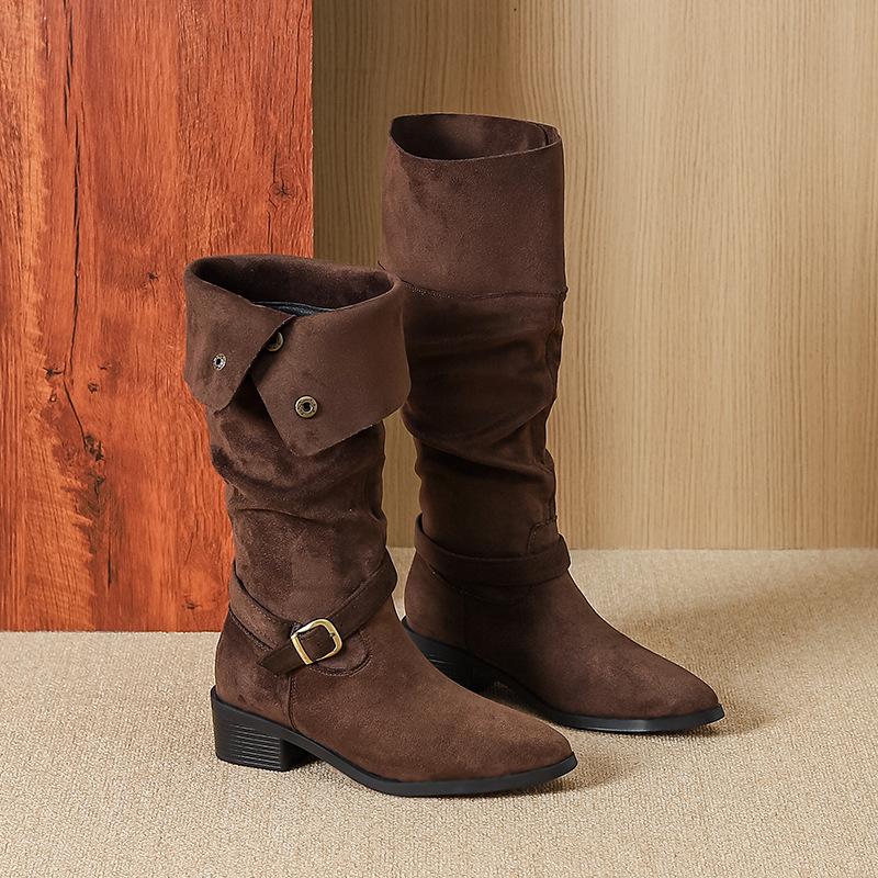 

6056-3 suede French boots but knee boots 2025 autumn and winter new retro women s boots pleated boots 39 коричневый
