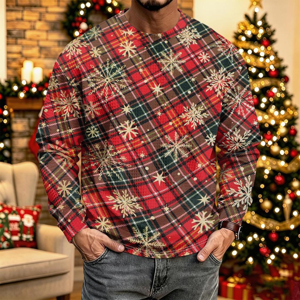 Men's Knit Long Sleeve Neck Casual Top with Christmas Print for Winter
