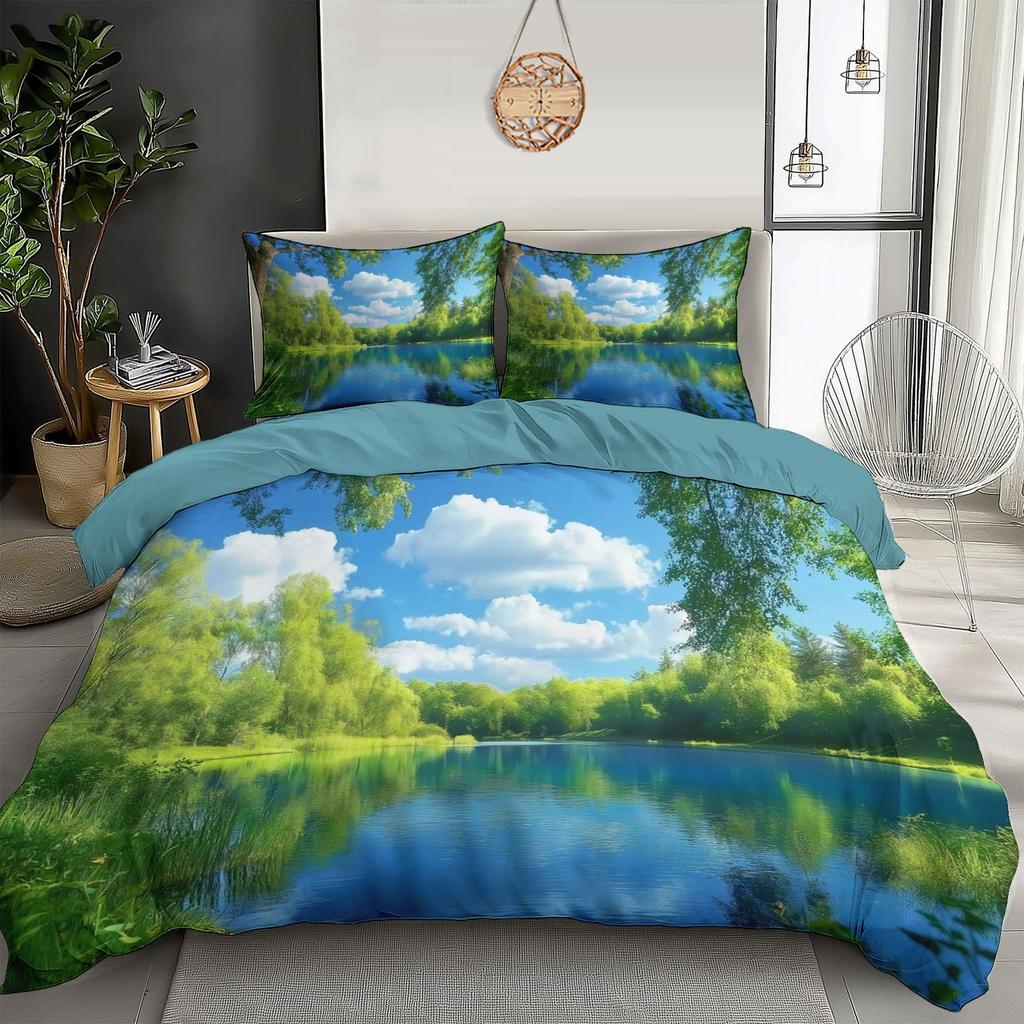Lake Duvet Cover Sets for Kids Teens Queen Quilt Covers Lightweight Down Bedroom Decor 2 Pillowcases 1 Duvet Cover No Comforter