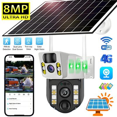 4K 8MP Wireless Outdoor Wifi Solar Camera 4G Sim Surveillance Dual Screen Waterproof Panel IP Video CCTV Solar Powered Cameras