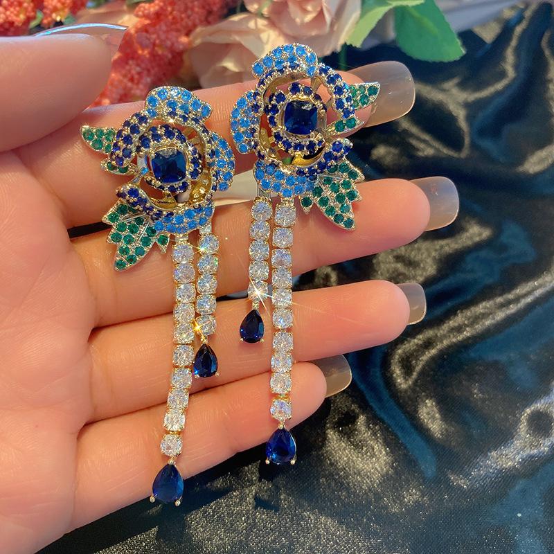 Luxury 925 Silver Needle 2022 New Earrings Color CZ Blue Rose Tassel Earrings for Women Trendy Elegant Jewelry Party Earrings