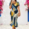 Women Plus Size V Neck Short Sleeve Green Khaki Geometric Printed Fitted Fishtail Dress