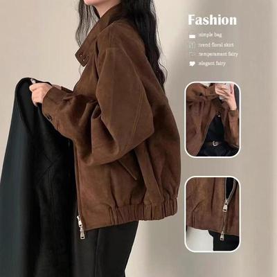 Női Retro Műbőr Karcsúsító Dzseki - Tavaszi/Őszi, Laza Fazon, Rövid Fazon