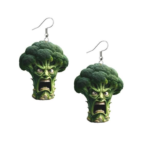 

1 пара серег-крючков Абстрактный овощной мультяшный дизайн Форма сердитого брокколи Легкие 2D акриловые серьги-подвески Ювелирное изделие Подарок зелёный