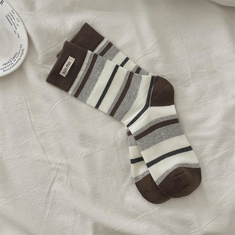 

Miu Style Women s Retro Pinstripe Mid-Calf Socks - Color Block & Slouch Design, Trendy Japanese-Inspired. Gift Box (35-40)【Premium Cotton】