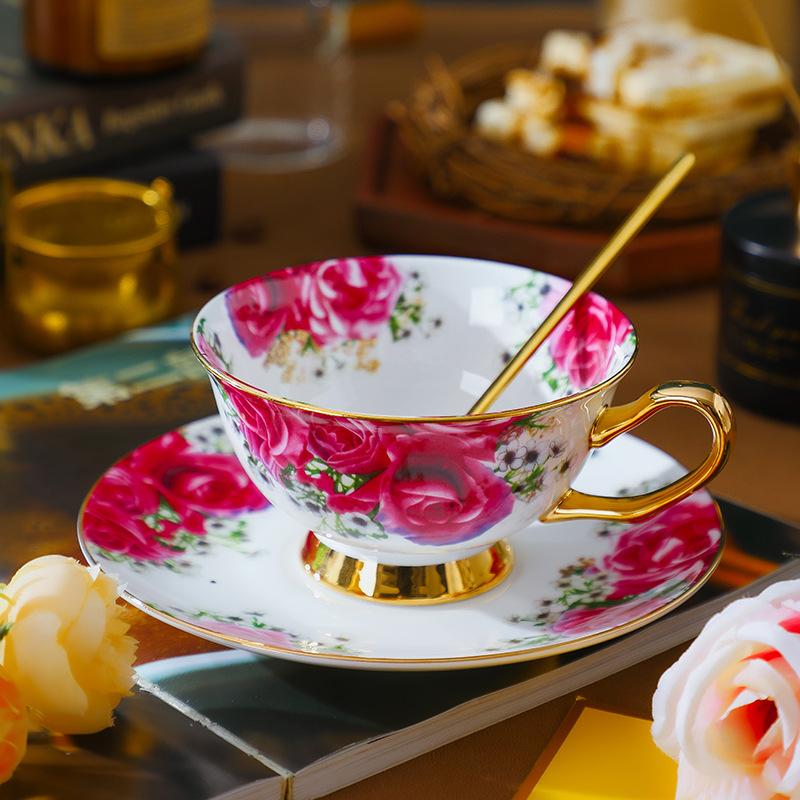 Euro Style Bone China Afternoon Tea Saucer Set Ceramic Rose Flower Tea Coffee Cup for Home Kitchen Wedding